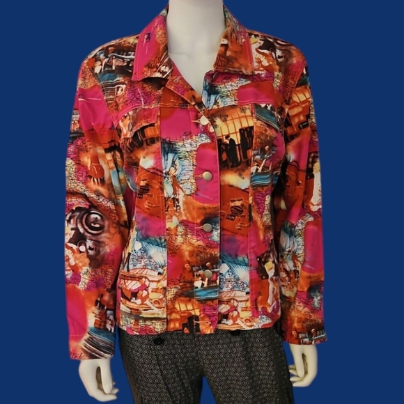 Vtg STONEBRIDGE Hot Pink Pop Art Novelty Map Jacket Size Large - Picture 1 of 10